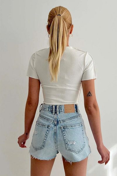 Ortaya Çık White Backstitched Ribbed Crop Blouse