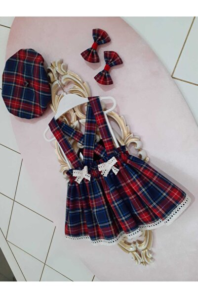 Eylülce Butik Lacivert Kız Çocuk/bebek Ekoseli Salopet Elbise & Şapka & Toka Takım