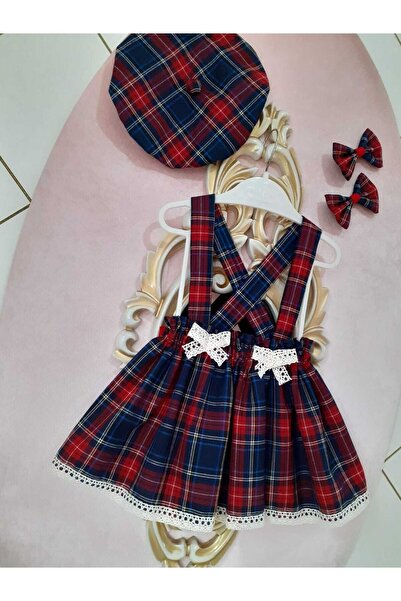 Eylülce Butik Lacivert Kız Çocuk/bebek Ekoseli Salopet Elbise & Şapka & Toka Takım