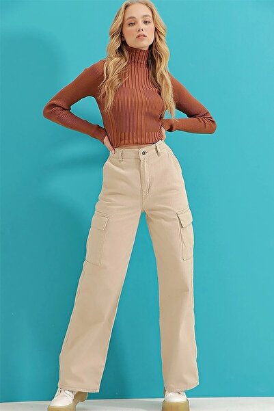 DRC trend Beige Cargo Loose Back Pocketless Lycra Super High Waist Jean Trousers