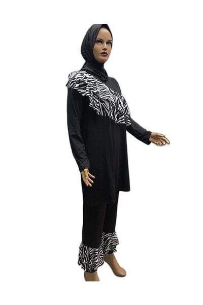eflin Women's Clothing Black-white Zebra Pattern Valon Full Covered Hijab Swimsuit Large Size Option