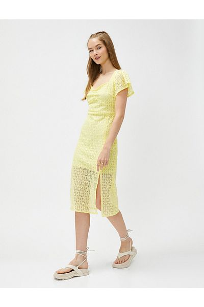 Koton Midi Dress Lace Sweetheart Neckline Slit Short Sleeve