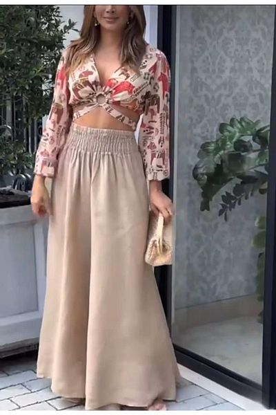 LAST POINT LİFE Digital Printed Ring Detailed Bustier and Linen Gipe Detailed Trousers