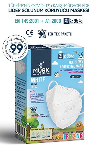 Musk N95 Çocuk Maske Beyaz Renk Xs 10 Adet