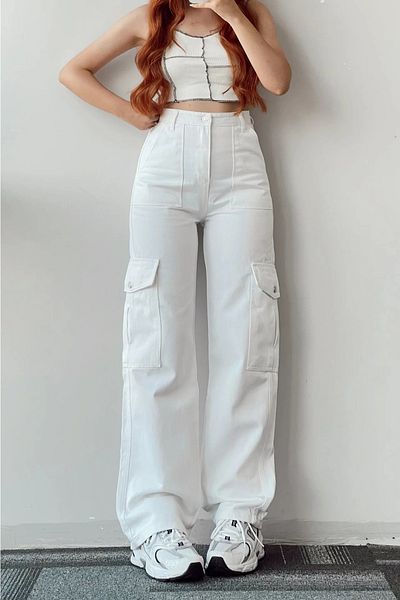 weywot Y2k Unisex White Cargo Παντελόνι - Τσέπες και Φαρδιά Πόδια