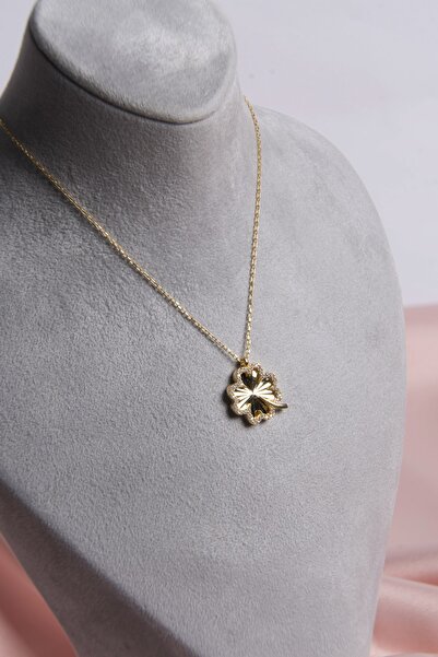 eva silvera Zirkon Taşlı Yonca Gümüş Kolye Gold Kaplama Anti Alerjik 925 Ayar Gümüş