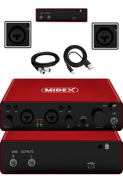 Midex بطاقة صوت استوديو USB ذات الجزء العلوي Glx-800rd 2 مدخل 2 مخرج 24 بت/192 كيلو هرتز