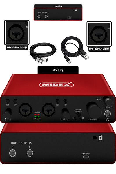 Midex بطاقة صوت استوديو USB ذات الجزء العلوي Glx-800rd 2 مدخل 2 مخرج 24 بت/192 كيلو هرتز