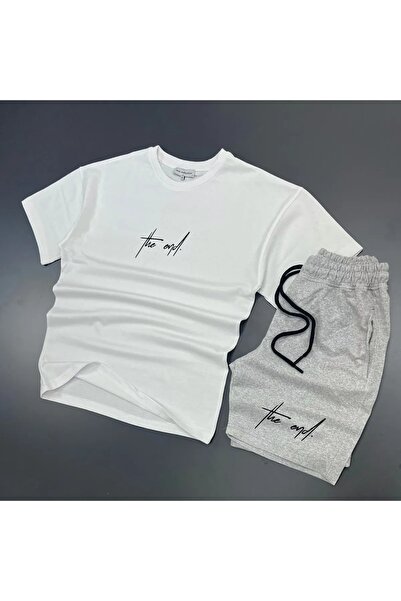 MODARİCH The End White T-shirt Gray Combed Cotton Shorts - Shorts T-Shirt Bottom Top Set Printed Oversize Crew Neck