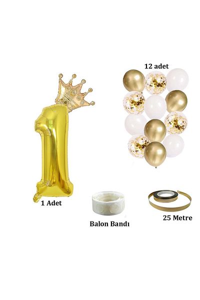 Patladı Gitti 1 Number Gold Foil Balloon, King's Crown and Gold Balloon with Confetti
