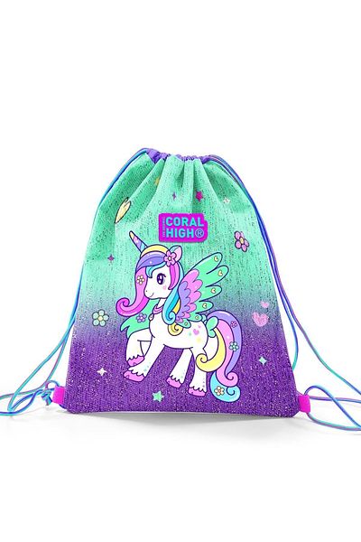 Coral High Kids Purple Aqua Green Unicorn Patterned Drawstring Drawstring Backpack 22691