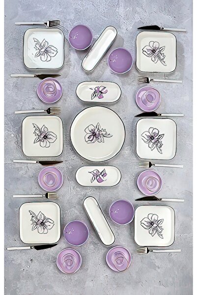 Klas Ticaret Sakura Çiçeği Mor Lüx Seramik 21 Parça 6 Kişilik Kahvaltı Takımı...