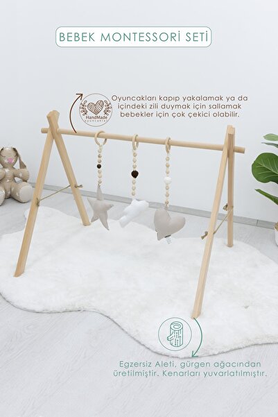 mordesign Ahşap Bebek Egzersiz Aleti, (OYUNCAKLAR DAHİL), 3'lü Çıngırak Oyuncak, Naturel Seri,kahverengi