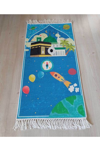 PAWWY Prayer Rug Children's Prayer Prayer Rug for Children First Prayer Rug Children's Prayer Rug with Rocket Blue