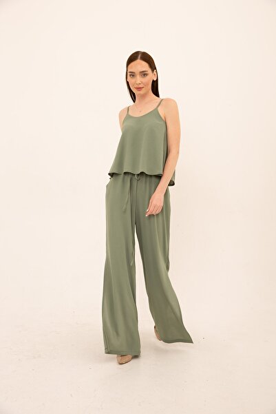 Laranor Nile Green Wide Leg Elastic Waist Slit Detail Ayrobin Trousers