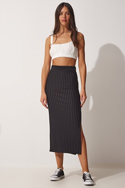 Happiness İstanbul Dámská černá tenká proužkovaná tužková sukně s rozparkem MC00183