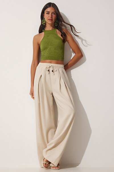Happiness İstanbul Dámské krémové surové plátěné volné kalhoty Palazzo NS00388