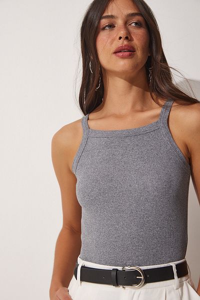 Happiness İstanbul Woman's Gray Ribbed Crop Halter Collar Knitted Singlet ZV00106