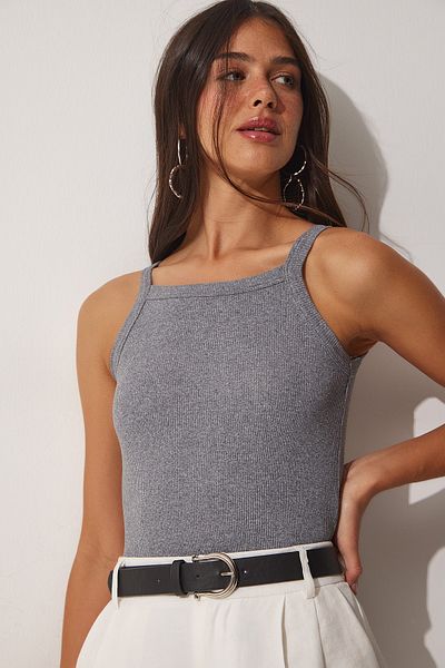 Happiness İstanbul Woman's Gray Ribbed Crop Halter Collar Knitted Singlet ZV00106