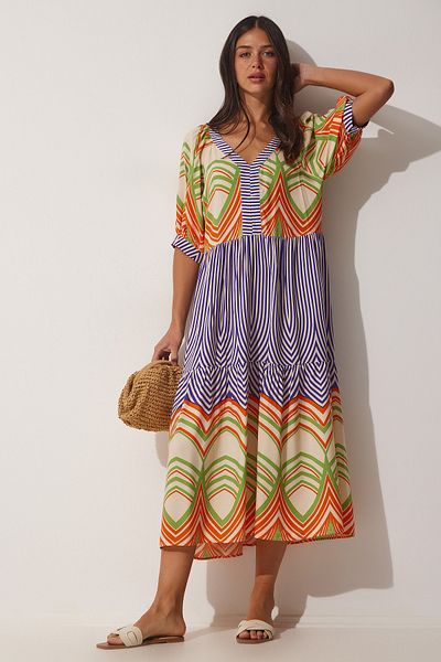 Happiness İstanbul Damen-Sommerkleid aus Viskose mit V-Ausschnitt in Grün-Orange-Muster DD01215