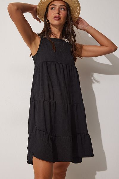 Happiness İstanbul Rochie neagră tricotată evazată de vară pentru femei DZ00083