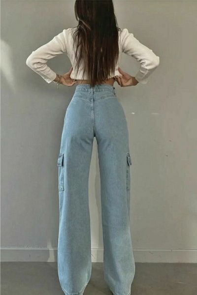 Livik Dixie Baby Blue Cargo Loose Lycra Pantaloni de jeans cu talie super inalta fara buzunar la spate