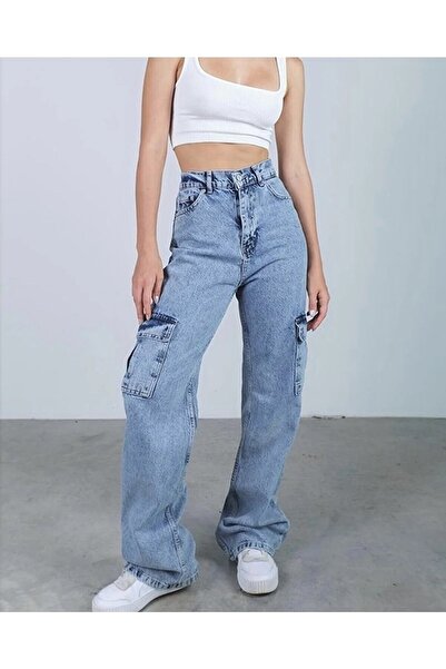 DRC trend Kaitlyn Light Snow Wash Blue Cargo Pantaloni largi la spate fără bu...