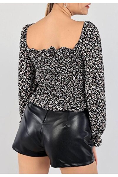 AS Anita Store Floral Patterned Gather Detailed Crop Blouse