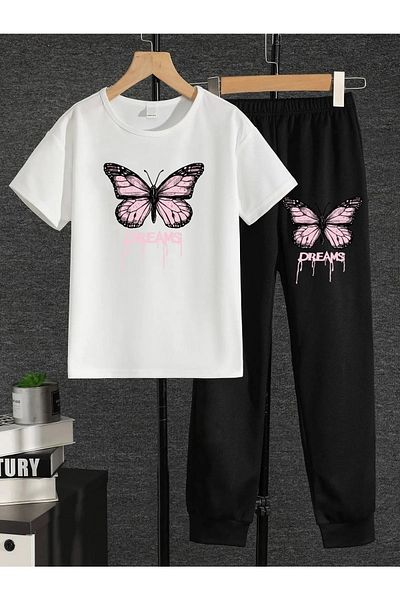 Keywest Kids Pemde Dream Butterfly Printed Oversize T-shirt Tracksuit Children's Set