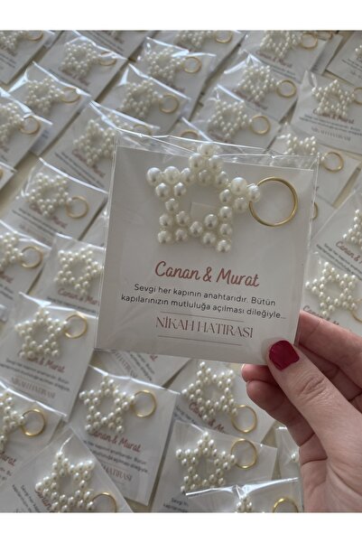 Genel Markalar 20 Adet Kişiye Özel Kartlı Inci Yıldız Anahtarlık Söz Nişan Ni...