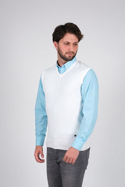 Çizgi Triko Men's Knitwear Sweater V-Neck White Color with Elastic Waist Winter Woven Regular Fit