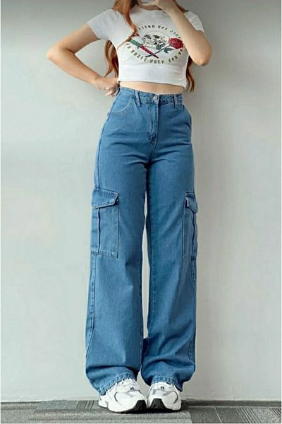 Trn JNS Hayley Damen-Palazzo-Jeans in mittelblauer Cargo-Tasche ohne Gesäßtasche mit extra hoher Taille