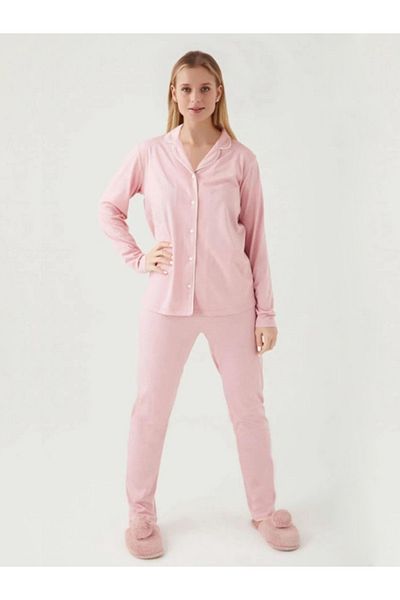Pierre Cardin Set de pijamale cu mânecă lungă, cu nasturi, din bumbac, trandafir praf