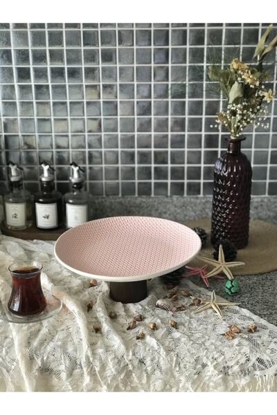 BLUEJASMİN Ahşap Ayaklı Pembe Kabartmalı Pasta Sunum Tabağı, Kek Sunumu, Ahşa...