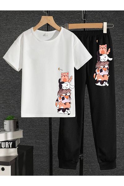 LePold Top Tricou alb Partea de jos Pisici negre Imprimat Fete/Băieți Tricou și trening oversize