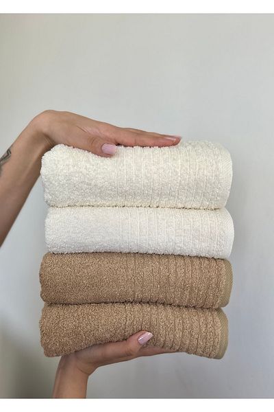 SHAL HOME Set of 4 Hand / Face - 100% Cotton, 50X90Cm, Striped Brown-Cream