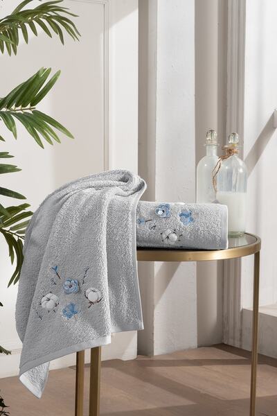 Tanem Home 100% бавовна з вишивкою, набір з 2 рушників 50x90 см / 70x140 см | Набір для весілля | Сірий