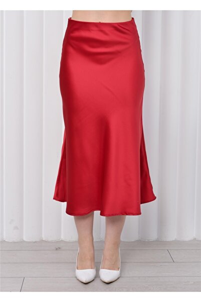 Nuseel Kadın Beli Lastikli Midi Boy Saten Etek Kırmızı