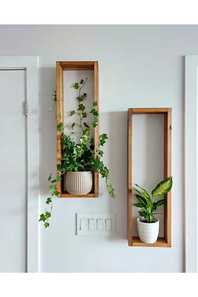 Wooden Factory 2 Adet Uzun Ahşap Kutu Duvar Dekoru - Rustik Dekor - Bitki Dekoru - Kutu Raflar ( V-ahşap-0002 )
