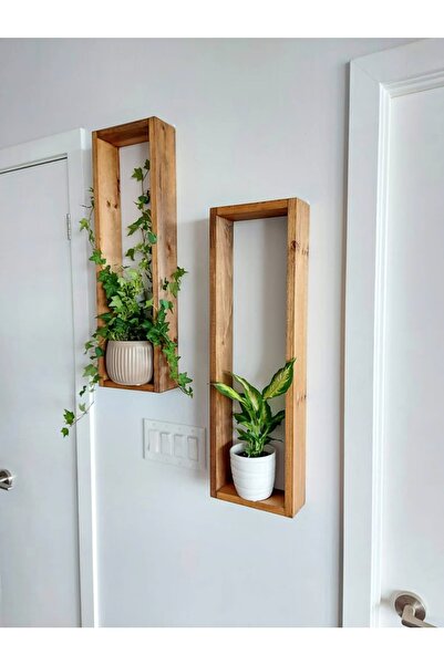 Wooden Factory 2 Adet Uzun Ahşap Kutu Duvar Dekoru - Rustik Dekor - Bitki Dekoru - Kutu Raflar ( V-ahşap-0002 )