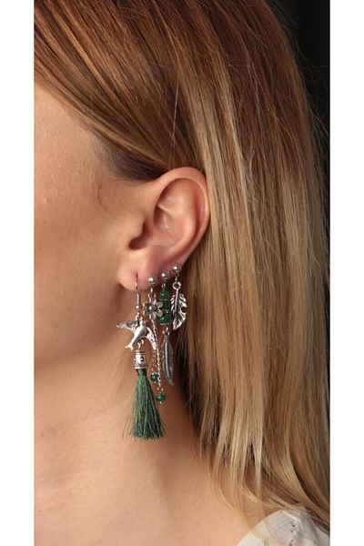 AKIN AKSESUAR HEDİYELİK Set of 4 Tasseled Leaf and Bird Figured Silver Color Authentic Earrings