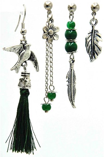 AKIN AKSESUAR HEDİYELİK Set of 4 Tasseled Leaf and Bird Figured Silver Color Authentic Earrings