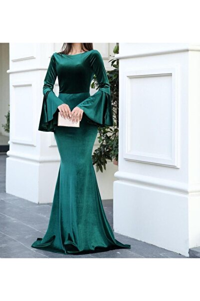 Styling Park Ispanyol Kol Kadife Uzun Elbise