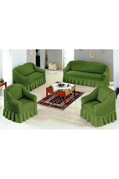ARTUÇ Bürümcük Pamuklu (3-2-1-1) Koltuk Kanepe Örtüsü Takımı Etekli (yeşil Renk)