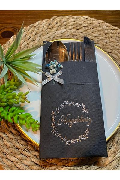 kidspartim 6 Pieces Black Floral Silver Gilded Welcome Napkin