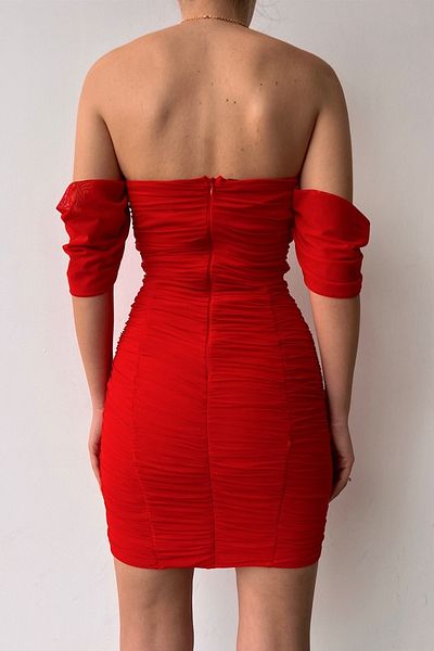 lovebox Flexible Tulle Fabric Lined Padded Draped Red Strapless Evening Dress Red Graduation Dress 123
