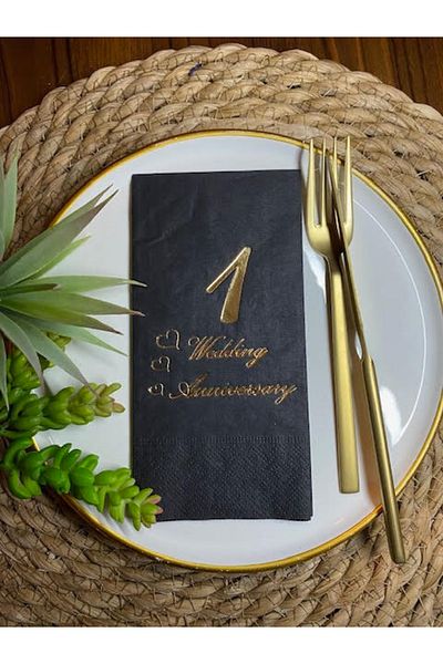 kidspartim Gold Gilded Black First Wedding Anniversary Waiter Fold Napkin Set of 16