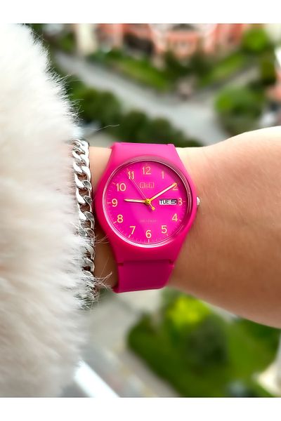 Q&Q Fuchsia Cord Suitable for Pool and Sea Use Women's Wristwatch + Bracelet with Numbers and Calendar