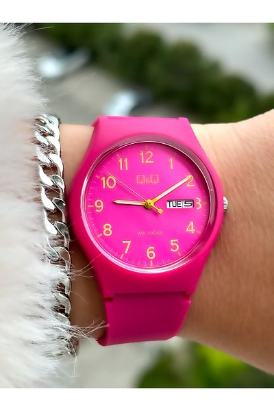 Q&Q Fuchsia Cord Suitable for Pool and Sea Use Women's Wristwatch + Bracelet with Numbers and Calendar