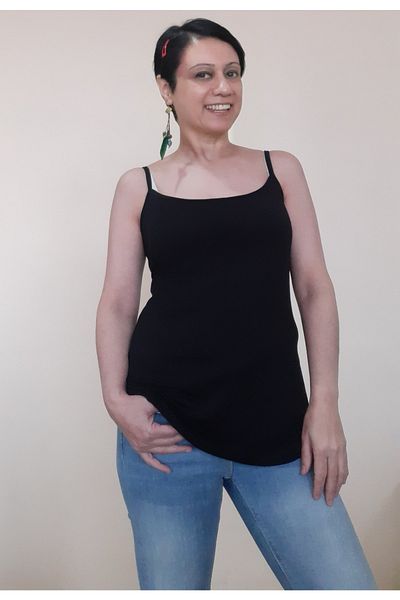 Mertcan Butik Black Combed Cotton Viscose T-Shirt with Rope Strap